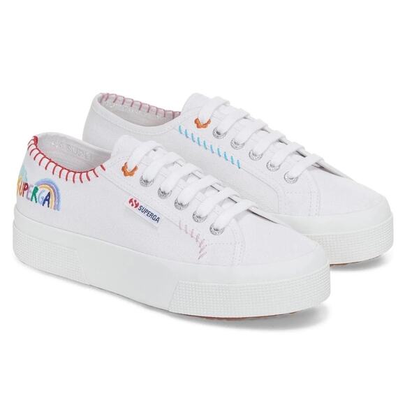 NEW Superga Happy Logo Womens White Sneakers. Colorful Embroidery Canvas Size 8 - Picture 2 of 11